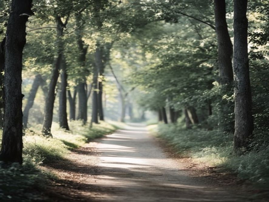 Morgonljus genom träd längs en stilig väg, invitande atmosfär